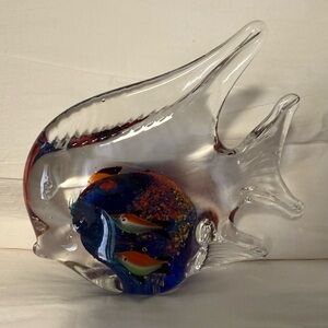 Hand Blown Art Glass Fish Shaped Paperweight Aquarium Fish 4”x 4.5"